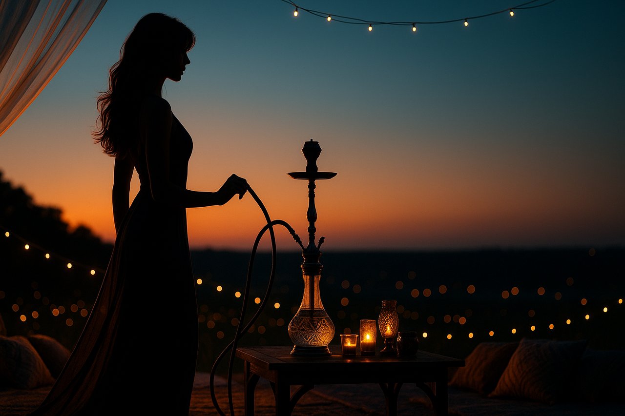 Романтичная лаунж-зона на закате: силуэт девушки и сервированный стол кальянного кейтеринга
